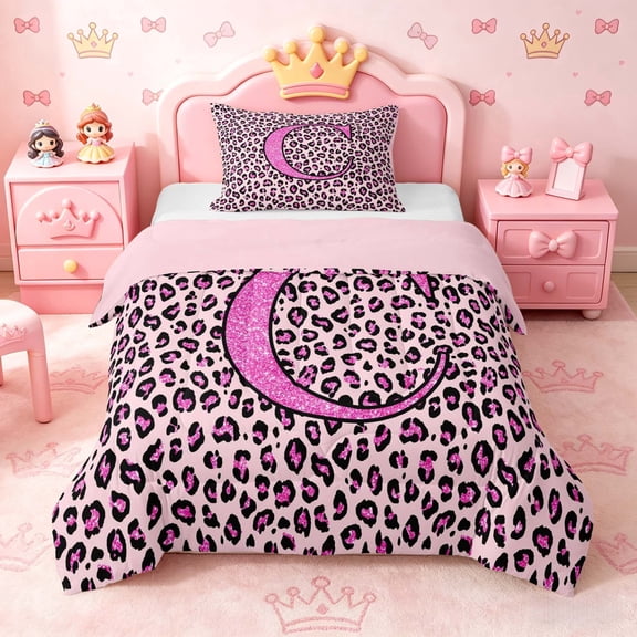 meiyoeat Glitter Leopard Print Letter C Twin Comforter Sets, Girls Teens, Pink Sparkle Monogrammed Bedding Set, Pink Reversible 2pcs, 1 Comforter and 1 Pillowcase