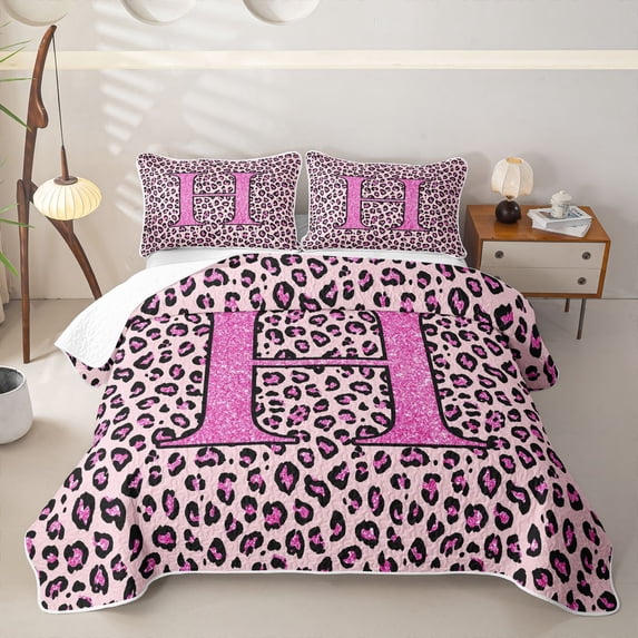 meiyoeat Glitter Leopard Print Letter H Quilt King, Girls Teens, Pink Sparkle Monogrammed King Coverlet Set, 3pcs 1 Bedspread and 2 Pillowcases