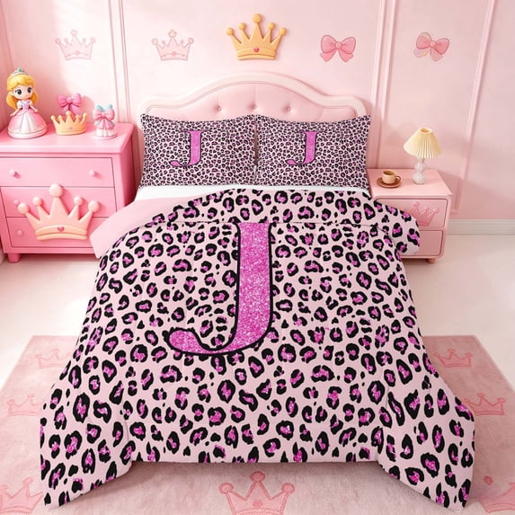 meiyoeat Glitter Leopard Print Letter J Full Size Comforter Sets, Girls Teens, Pink Sparkle Monogrammed Bedding Sets, Pink Reversible 3pcs, 1 Comforter and 2 Pillowcases