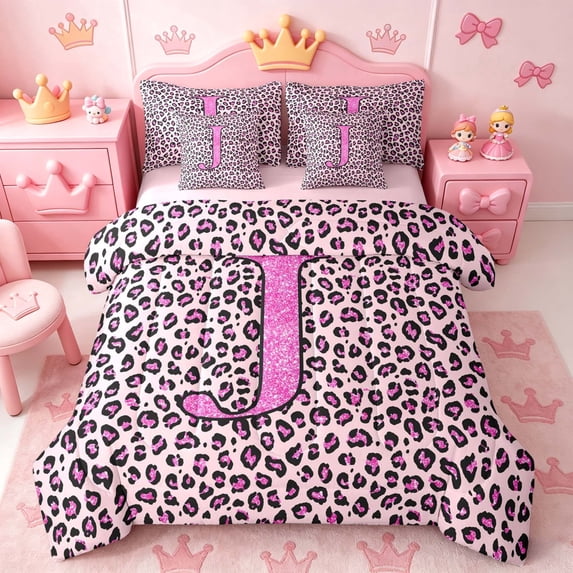 meiyoeat Glitter Leopard Print Letter J Twin Bedding Sets, Girls Teens, Pink Sparkle Monogrammed Bedding Comforter Set, Pink Reversible 7 Pieces