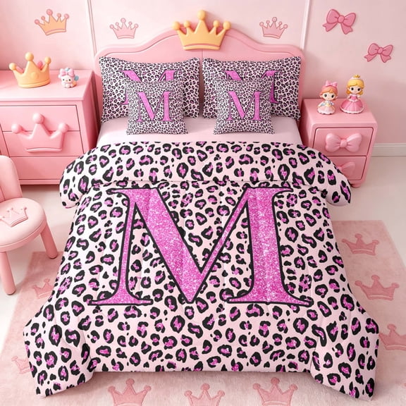 meiyoeat Glitter Leopard Print Letter M Twin Bedding Sets, Girls Teens, Pink Sparkle Monogrammed Bedding Comforter Set, Pink Reversible 7 Pieces