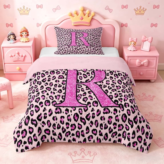 meiyoeat Glitter Leopard Print Letter R Twin Comforter Sets, Girls Teens, Pink Sparkle Monogrammed Bedding Set, Pink Reversible 2pcs, 1 Comforter and 1 Pillowcase