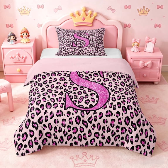 meiyoeat Glitter Leopard Print Letter S Twin Comforter Sets, Girls Teens, Pink Sparkle Monogrammed Bedding Set, Pink Reversible 2 Pieces, 1 Comforter and 1 Pillowcase