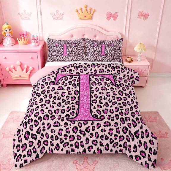 meiyoeat Glitter Leopard Print Letter T Full Size Comforter Sets, Girls Teens, Pink Sparkle Monogrammed Bedding Sets, Pink Reversible 3 Pieces, 1 Comforter and 2 Pillowcases
