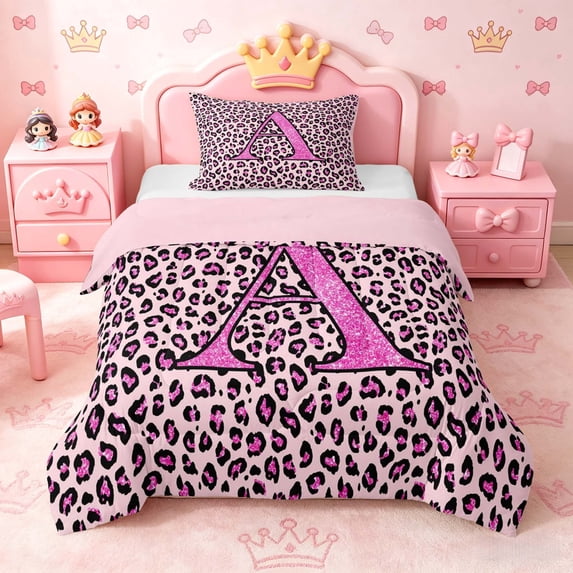 meiyoeat Glitter Leopard Print Letter A Twin Comforter Sets, Girls Teens, Pink Sparkle Monogrammed Bedding Set, Pink Reversible 2 Pieces, 1 Comforter and 1 Pillowcase