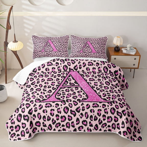 meiyoeat Glitter Leopard Print Letter A Twin Quilt Set, Girls Teens, Pink Sparkle Monogrammed Twin Coverlet Set, 2 Pieces 1 Bedspread and 1 Pillowcase