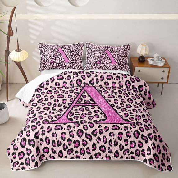 meiyoeat Glitter Leopard Print Letter A Twin Quilt Set, Girls Teens, Pink Sparkle Monogrammed Twin Coverlet Set, 2 Pieces 1 Bedspread and 1 Pillowcase