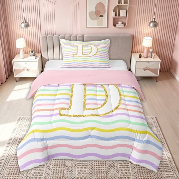 meiyoeat Glitter Letter D Twin Comforter Sets for Girls Kids, Rainbow Initial Bedding Set, Pastel, Pink Reversible, 2 Pieces, 1 Comforter and 1 Pillowcase