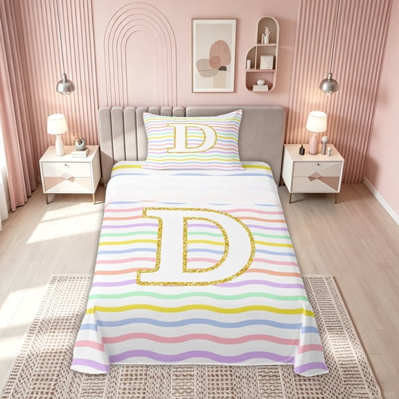 meiyoeat Glitter Letter D Twin Sheets for Girls Kids, Rainbow Initial Bedding, Pastel, Pink Reversible, 1 Flat Sheet, 1 Fitted Sheet and 1 Pillowcase