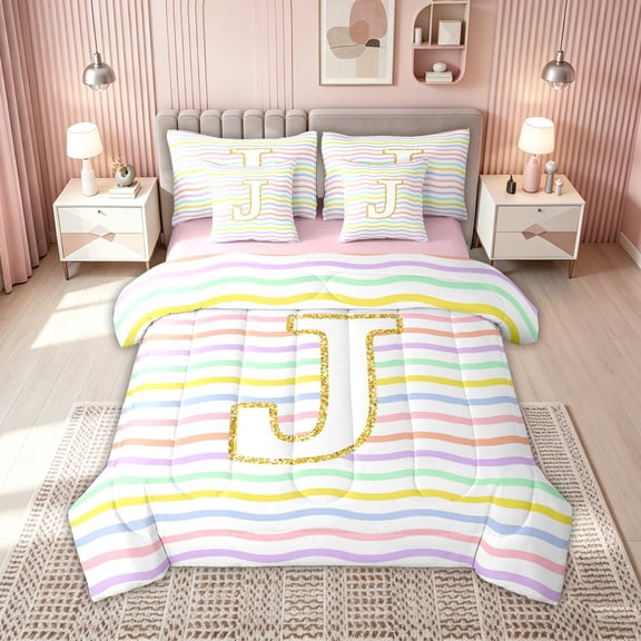 meiyoeat Glitter Letter J Full Size Bedding Sets for Girls Kids, Rainbow Initial Full Size Bed in a Bag, Pastel, Pink Reversible, 7-Piece