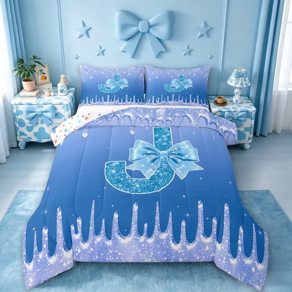 meiyoeat Glitter Print Cream Monogram J Full Size Comforter Sets,Coquette Bow Initial Art Bedding Comforter Set For Girl,Colorful Stars Reversible,3-Piece,1 Comforter and 2 Pillowcases
