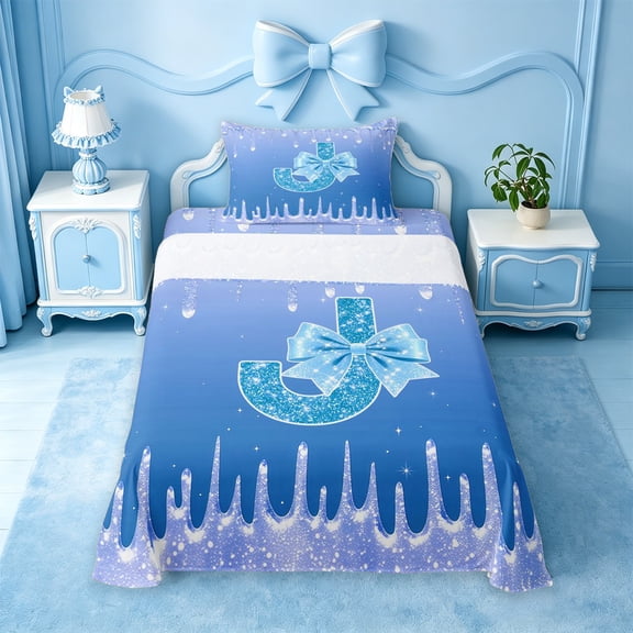meiyoeat Glitter Print Cream Monogram J Twin Sheets,Coquette Bow Initial Art Bedding For Girl,3pcs,1 Fitted Sheet and 1 Pillowcase