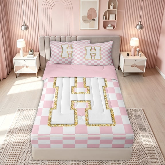 meiyoeat Glitter Print Letter H Zipper Twin Comforter Sets with Fitted Sheet and 2 Pillowcases for Kids, Princess Grid Plaid Zipper Bedding Set for Bedroom, Pink, Pink Reversible, 4-Piece