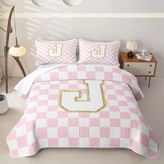 meiyoeat Glitter Print Letter J Quilt Full for Boys Girls, Fashion Buffalo Full Bedspread Sets for Women, Gold, 3pcs