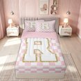 thumbnail image 1 of meiyoeat Glitter Print Letter R Zipper Full Size Comforter Sets with Fitted Sheet and 2 Pillowcases for Kids, Fashion Buffalo Zipper Bedding Set for Bedroom, Gold, Pink Reversible, 4 Pieces, 1 of 6