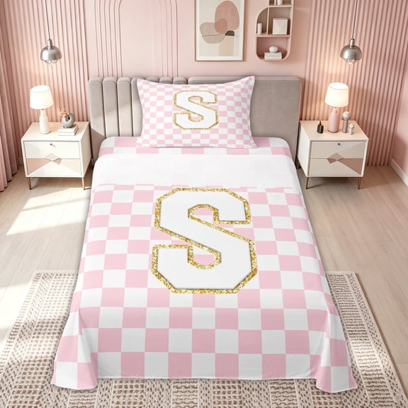 meiyoeat Glitter Print Letter S Twin Sheets for Girls, Princess Grid Plaid Bedding for Bedroom, Pink, 3pcs, 1 Flat Sheet, 1 Fitted Sheet and 1 Pillowcase