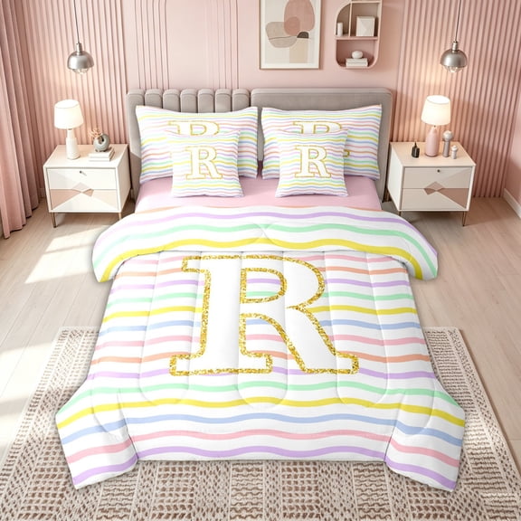 meiyoeat Glitter R Initial Full Size Bedding Sets for Girls Kids, Rainbow Stripe Monogram Full Size Bed in a Bag, Gold Pastel, Pink Reversible, 7pcs