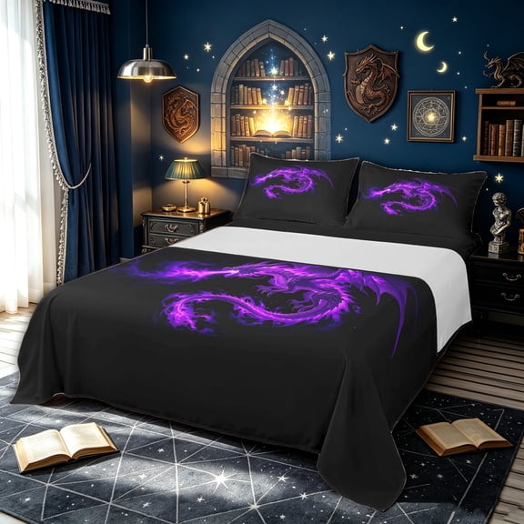 meiyoeat Glowing Flame Magic Dragon Bed Sheets for Boys Girls Kids, Gothic Animal Full Size Sheets, Purple Black, 4pcs, 1 Flat Sheet, 1 Fitted Sheet and 2 Pillowcases