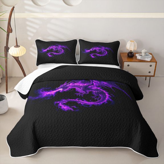 meiyoeat Glowing Flame Magic Dragon Bed Spread Queen for Boys Girls, Gothic Animal Queen Coverlet Set, Purple Black, 3pcs