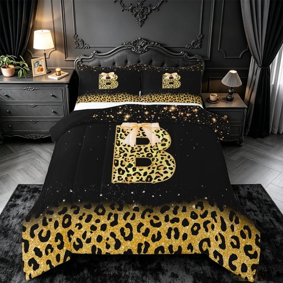 meiyoeat Gold Cheetah Initial B Full Size Comforter Sets,Glitter Print Monogram Art Bedding Comforter Set For Girl,Black Reversible,3-Piece,1 Comforter and 2 Pillowcases