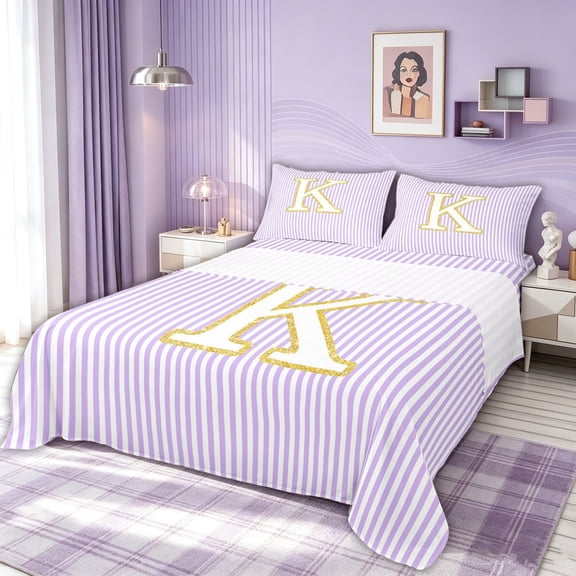 meiyoeat Gold K Monogram Bed Sheets for Kids Girls Women, Purple Stripes Full Size Sheets for Bedroom, 4pcs