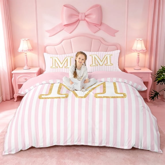 meiyoeat Gold M Initial Print Duvet Cover Set For Girls,Pink Minimalist Lines Bedding Full For Kids,pink Reversible,3-Piece(No Comforter)