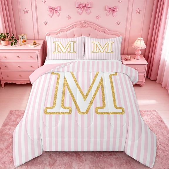 meiyoeat Gold M Initial Print Full Size Comforter Sets For Girls,Pink Minimalist Lines Bedding Sets For Kids,pink Reversible,3-Piece