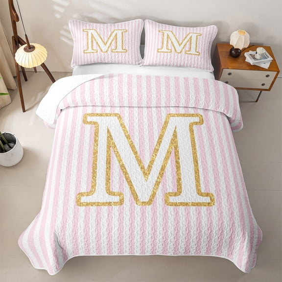 meiyoeat Gold M Initial Print Quilt Full For Girls,Pink Minimalist Lines Full Bedspread Sets For Kids,3pcs