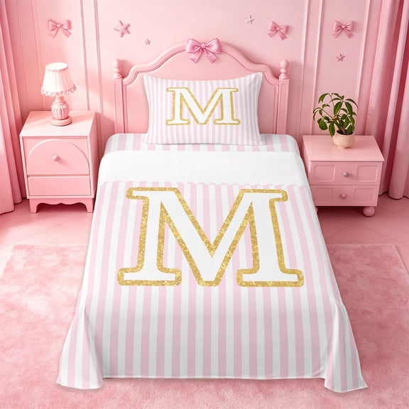 meiyoeat Gold M Initial Print Twin Sheet Sets For Girls,Pink Minimalist Lines Bedding For Kids,3pcs