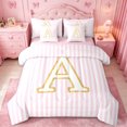 thumbnail image 1 of meiyoeat Gold Monogram A Letter 7 Pieces King Bedding For Girls,Pink Geometric Lines King Bed In A Bag For Kids,Pink Reversible, 1 of 7