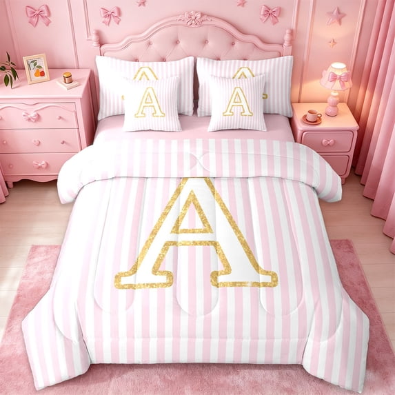 meiyoeat Gold Monogram A Letter 7 Pieces King Bedding For Girls,Pink Geometric Lines King Bed In A Bag For Kids,Pink Reversible