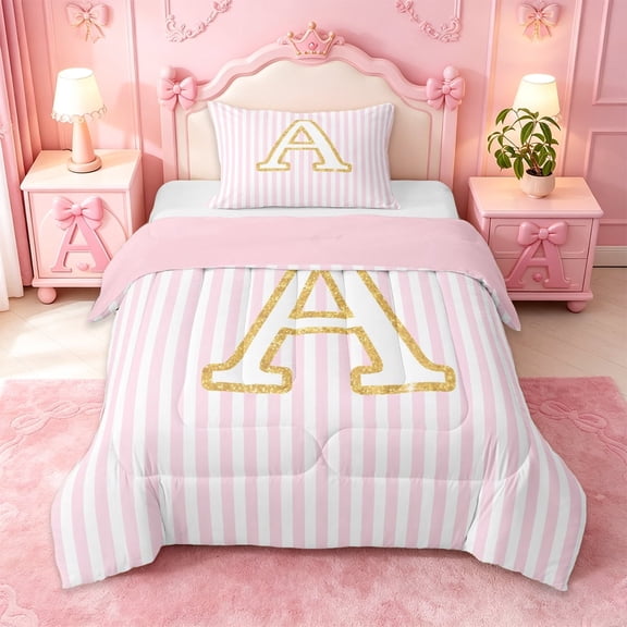 meiyoeat Gold Monogram A Letter Twin Comforter Sets For Girls,Pink Geometric Lines Bedding Set For Kids,pink Reversible,2-Piece