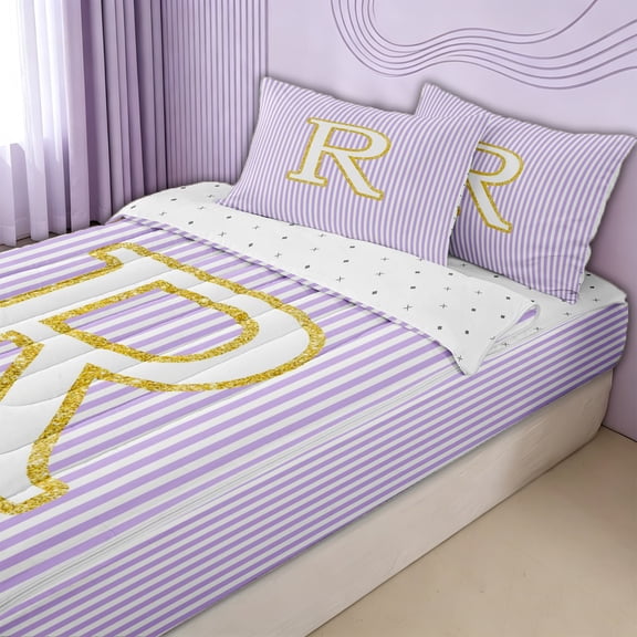 meiyoeat Gold R Monogram Zipper Twin Comforter Sets with Fitted Sheet and 2 Pillowcases for Kids Girls Women, Purple Stripes Zipper Bedding Set for Bedroom, ReversibleG