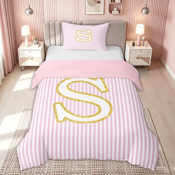 meiyoeat Gold S Monogram Twin Duvet Cover for Kids Girls Women, Pink Stripes Twin Bedding for Bedroom, Pink Reversible, 2pcs