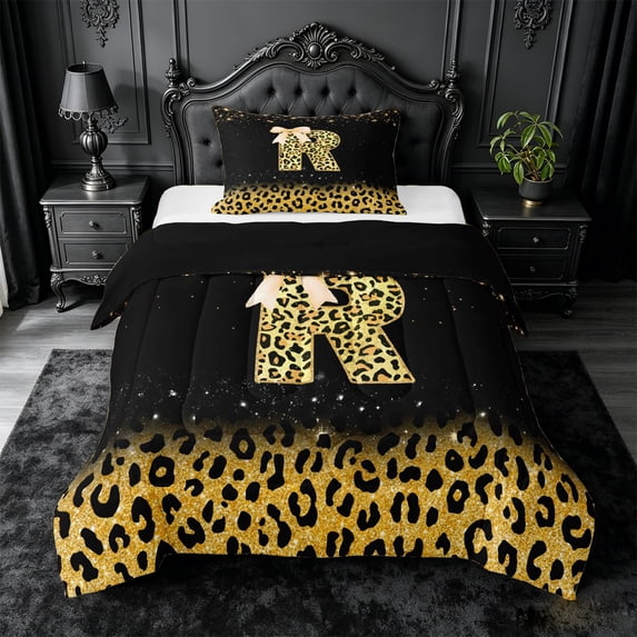 meiyoeat Gold Sparkle Monogram R Twin Comforter Sets,Leopard Glitter Bow Initial Print Bedding Set For Girl,Black Reversible,2pcs,1 Comforter and 1 Pillowcase