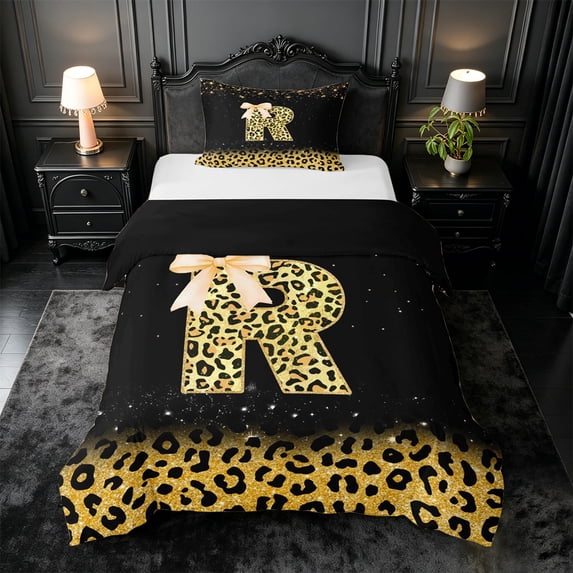 meiyoeat Gold Sparkle Monogram R Twin Duvet Cover,Leopard Glitter Bow Initial Print Twin Bedding For Girl,Black Reversible,2pcs,1 Duvet Cover and 1 Pillowcase