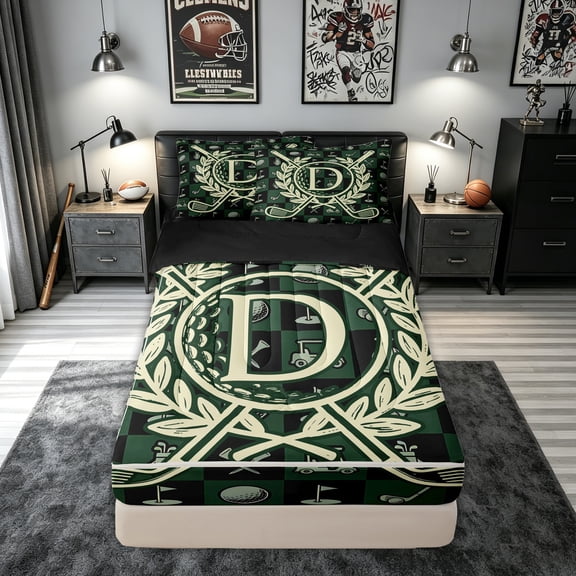 meiyoeat Golf D Initial Green Check Zipper Comforter Set with Fitted Sheet and 2 Pillowcases, Sport Monogram Initial Zipper Bedding Set for Boys Girls, Black Reversible, 3-Piece