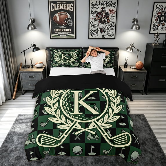 meiyoeat Golf Letter K Bedding for Men Women, Green Patchwork Buffalo Duvet Cover Full, Black Reversible, 3 Pieces, 1 Duvet Cover and 2 Pillowcases