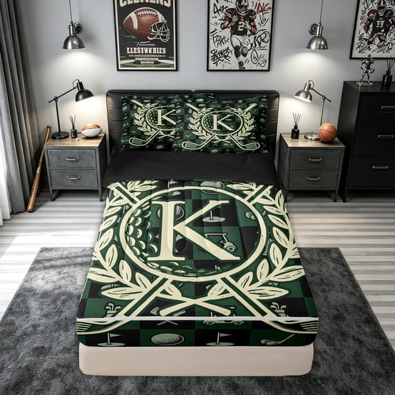 meiyoeat Golf Letter K Zipper Comforter Set with Fitted Sheet and 2 Pillowcases for Men Women, Green Patchwork Buffalo Zipper Bedding Set, Black Reversible, 3 Pieces