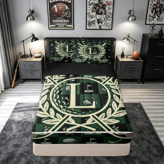 meiyoeat Golf Letter L Zipper Comforter Set with Fitted Sheet and 2 Pillowcases for Men Women, Green Patchwork Buffalo Zipper Bedding Set, Black Reversible, 3pcs