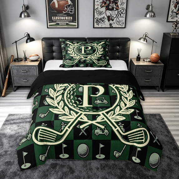 meiyoeat Golf Letter P Twin Comforter Sets for Men Women, Sports Monogram Bedding Set, Black Reversible, 2-Piece, 1 Comforter and 1 Pillowcase