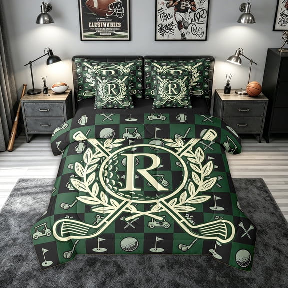 meiyoeat Golf Letter R Twin Bedding for Men Women, Sports Monogram Bedding Comforter Set, Black Reversible, 7pcs
