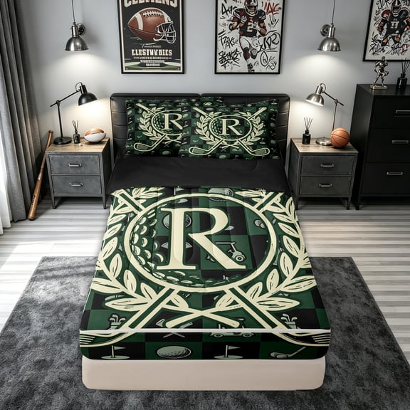meiyoeat Golf Letter R Zipper Comforter Set with Fitted Sheet and 2 Pillowcases for Men Women, Sports Monogram Zipper Bedding Set, Black Reversible, 3pcs