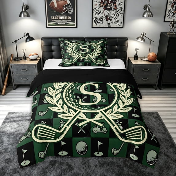 meiyoeat Golf Letter S Twin Comforter Sets for Men Women, Sports Monogram Bedding Set, Black Reversible, 2-Piece, 1 Comforter and 1 Pillowcase