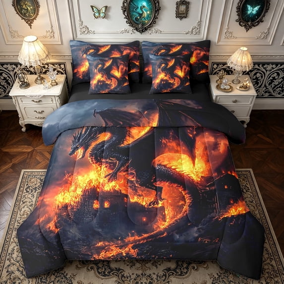meiyoeat Gothic Black Dragon Full Size Bedding Sets for Boys Girls, Flame Animal Full Size Bed in a Bag, Black Orange, Black Reversible, 7-Piece