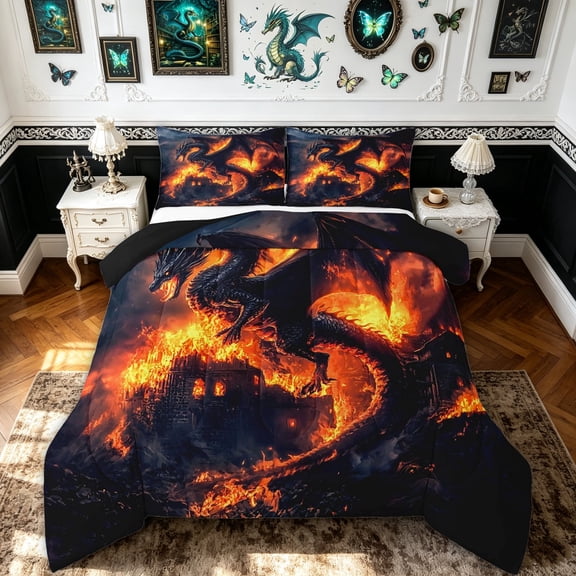 meiyoeat Gothic Black Dragon Full Size Comforter Sets for Boys Girls, Flame Animal Bedding Comforter Set, Black Orange, Black Reversible, 3-Piece, 1 Comforter and 2 Pillowcases