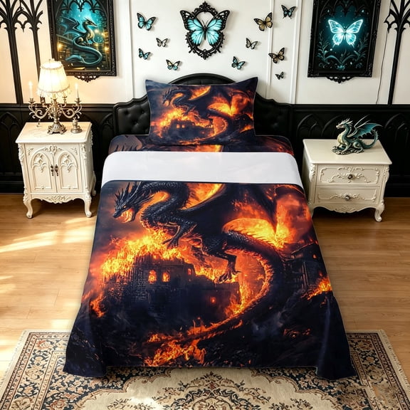 meiyoeat Gothic Black Dragon Twin Sheets for Boys Girls, Flame Animal Bedding, Black Orange, 3-Piece, 1 Flat Sheet, 1 Fitted Sheet and 1 Pillowcase