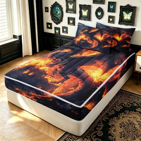 meiyoeat Gothic Black Dragon Zipper Twin Comforter Sets with Fitted Sheet and 2 Pillowcases for Boys Girls, Flame Animal Zipper Bedding Set, Black Orange, Black Reversible, 4-Piece