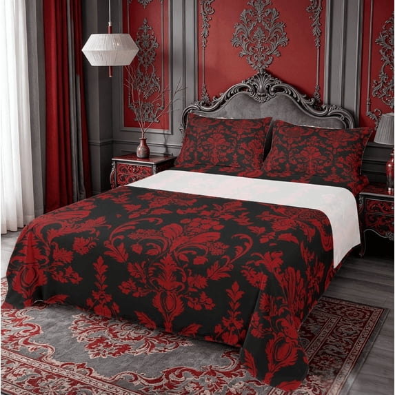 meiyoeat Gothic Damask Pattern King Sheets,Vintage Boho Floral Bedding, Red Black,4pcs