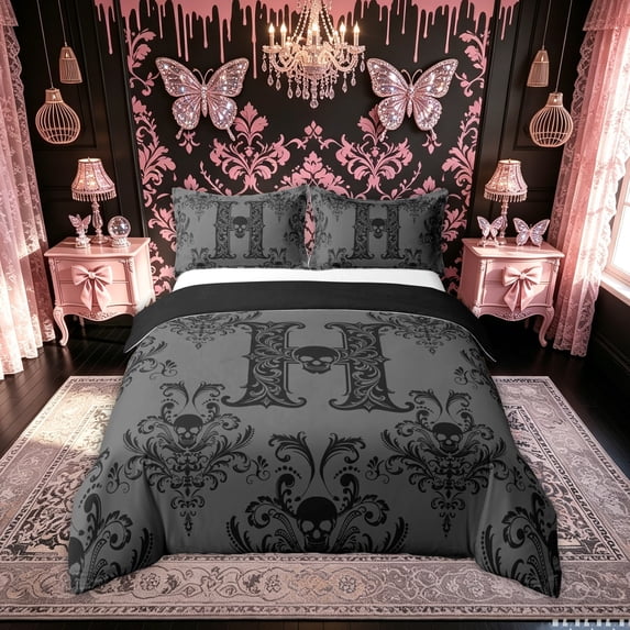 meiyoeat Gothic Skull Letter Duvet Cover Queen for Boys Girls, Boho Damask Flower Queen Bedding, Black Reversible, 3pcs, 1 Duvet Cover and 2 Pillowcases
